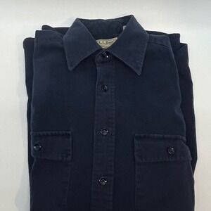LL Bean Chamois Cloth Shirt Navy Blue Long Sleeve Mens Work Utility